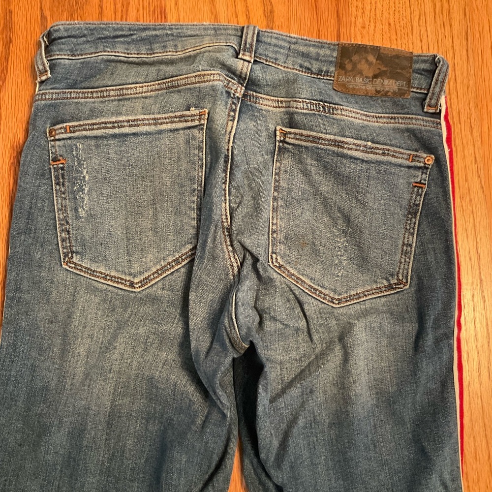 Zara Jeans with Red and White Side Stripe, Distressed and Frayed, 5-Pock… - Picture 7 of 11